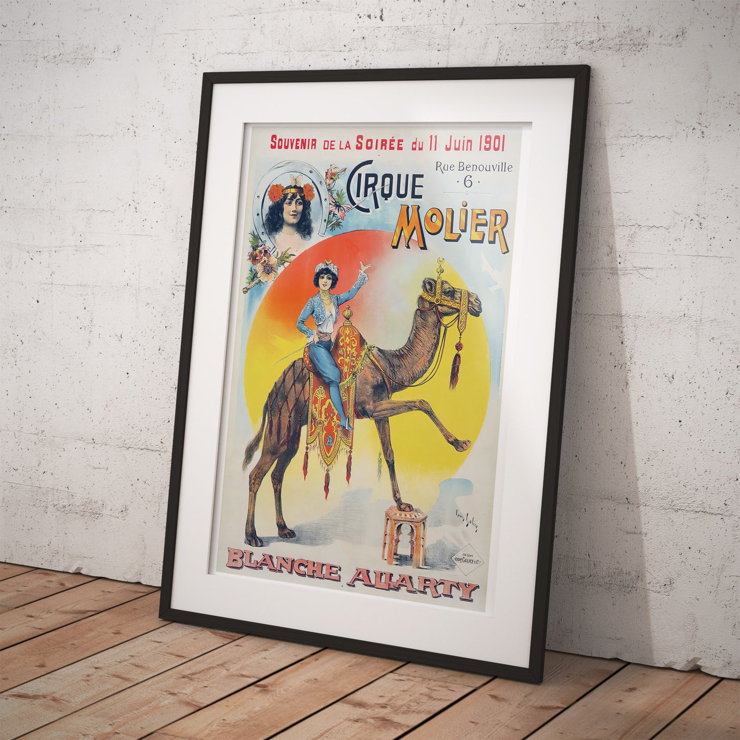 Cirque Molier Circus poster featuring Blanche Allarty and her camel show, by Louis Galice