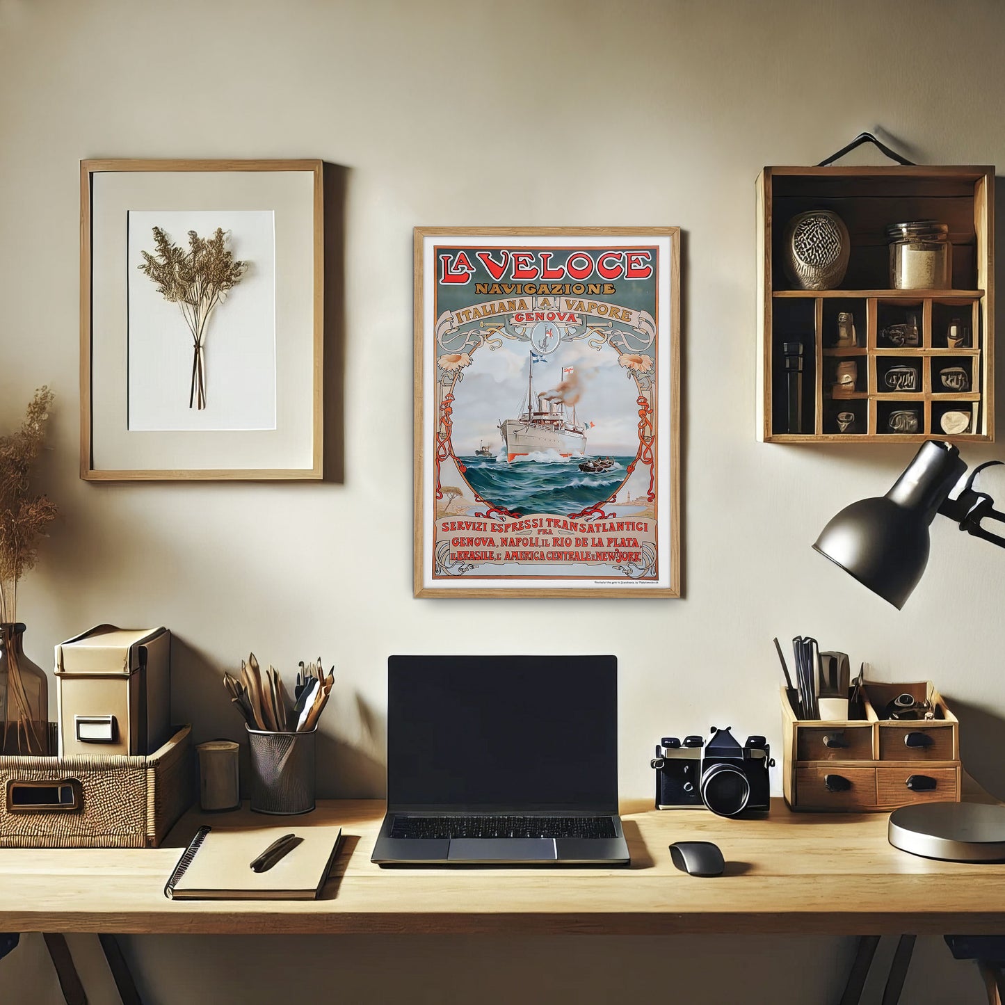 La Veloce Vintage Maritime Poster – 1889 Art Nouveau, Genoa to New York Steamship Journey