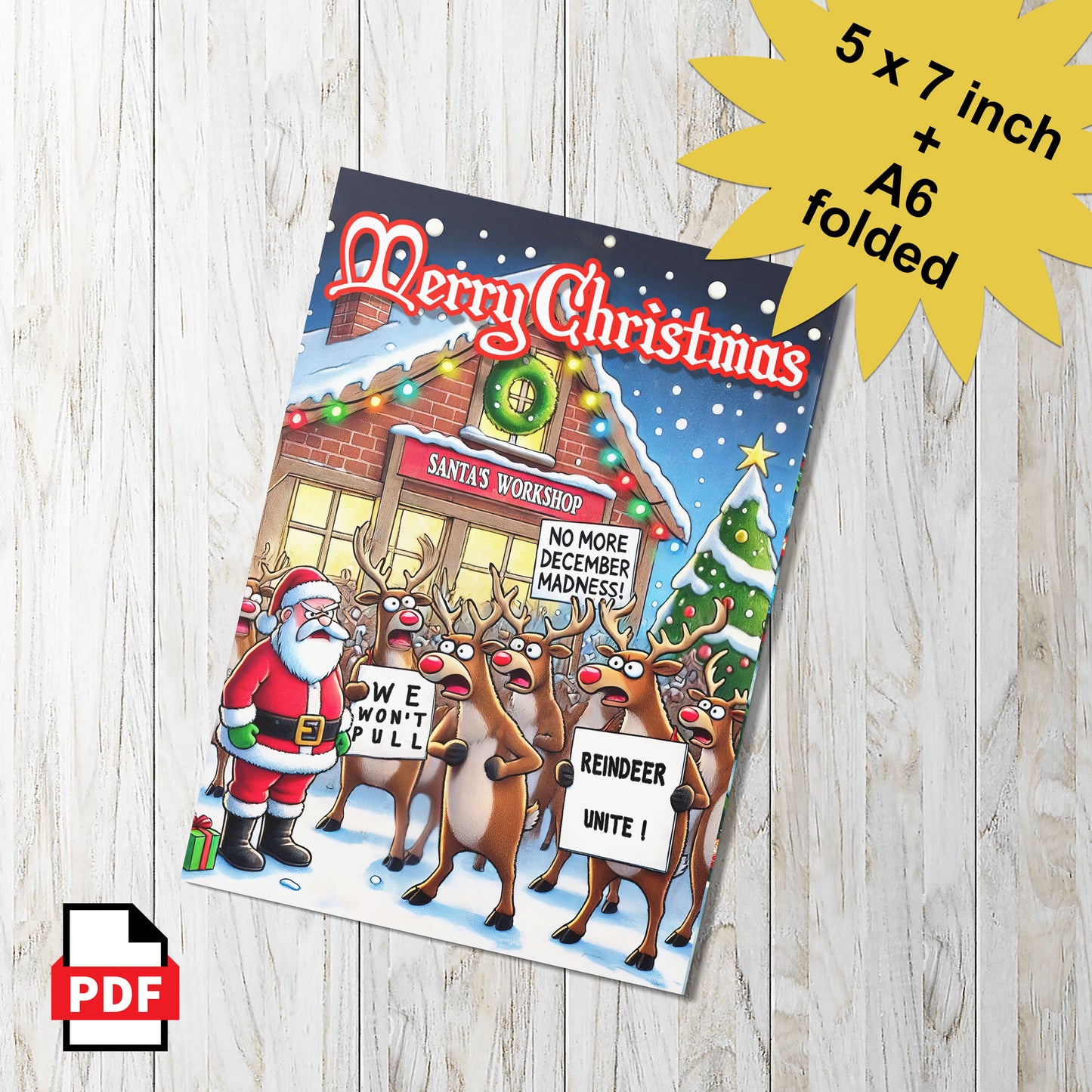 Reindeer Strike Christmas Card - PDF Download | Foldable 5x7 and A6 Sizes | Printable DIY Holiday Greeting