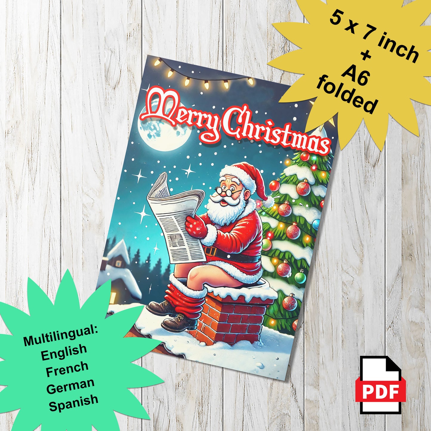 Santa Taking a Break on a Chimney - Multilingual DIY Holiday Cards - 5x7" & A6 Folded - Printable Christmas Card PDF