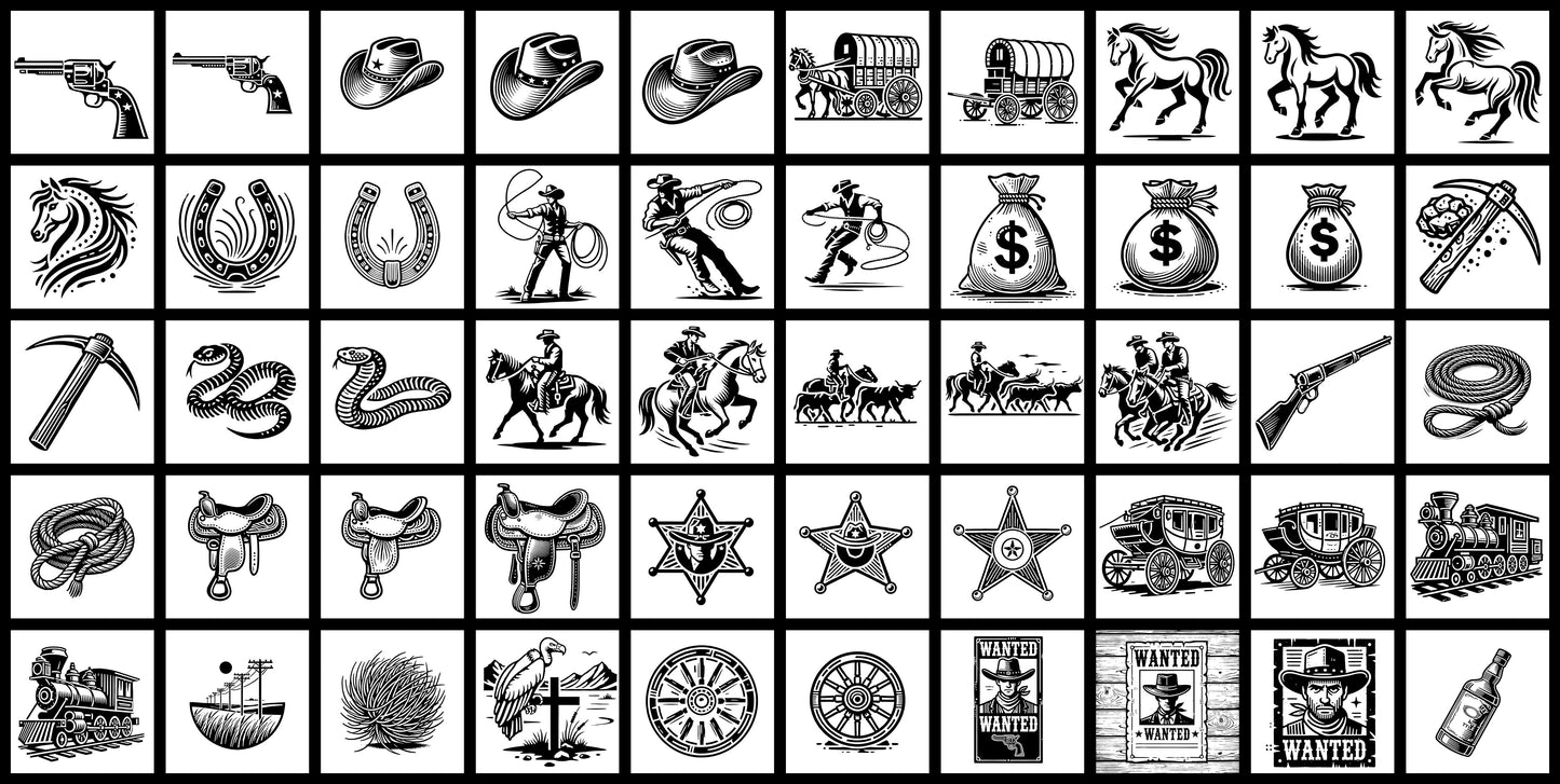 Saddle Up with these 100 silhouette Cowboy Western Theme Illustrations: Perfect for Clipart, Print, Cutting and other Graphic Design Projects