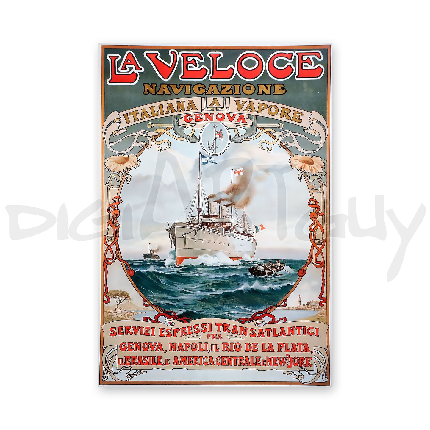 La Veloce Vintage Maritime Poster – 1889 Art Nouveau, Genoa to New York Steamship Journey