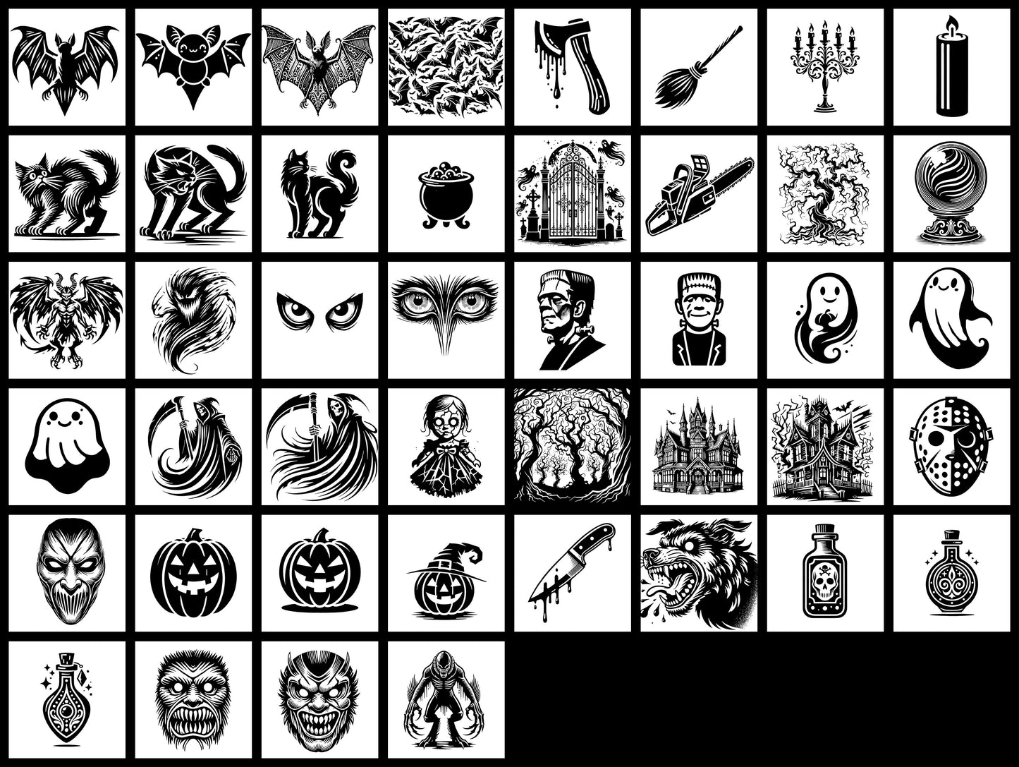 Haunt Your Projects with 88 Spooky Silhouette Halloween Illustrations: Perfect for Clipart, Print, Crafts, and Creepy Graphic Design Projects