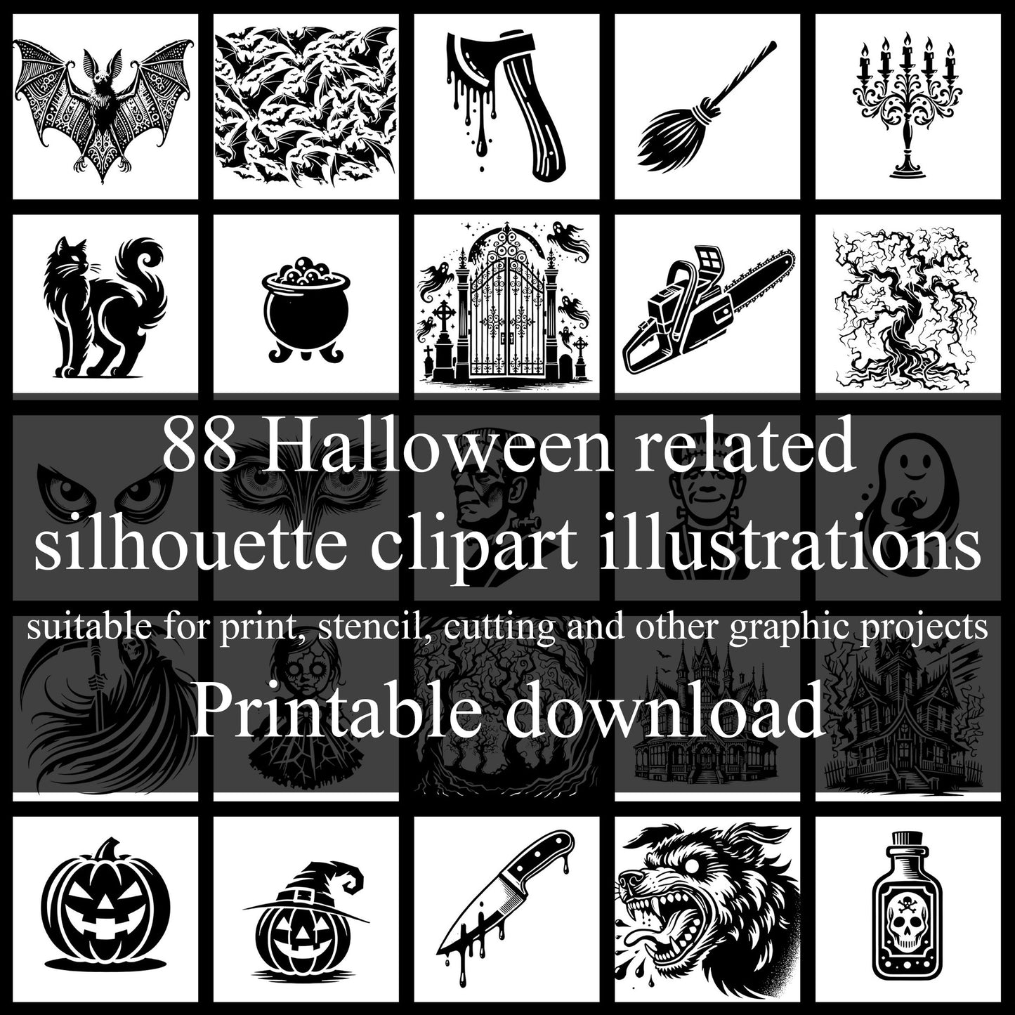 Haunt Your Projects with 88 Spooky Silhouette Halloween Illustrations: Perfect for Clipart, Print, Crafts, and Creepy Graphic Design Projects