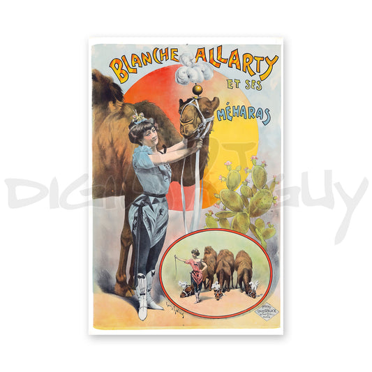 Circus poster with Blanche Allarty's camel act 1901, by Louis Galice
