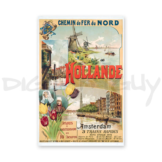 Chemins de fer du Nord, Hollande - Vintage 1895 Paris to Amsterdam Travel Poster