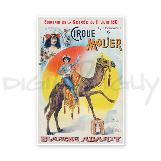 Cirque Molier Circus poster featuring Blanche Allarty and her camel show, by Louis Galice