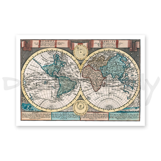 Early 18th Century Globus Terrestris World Map - Digital Download