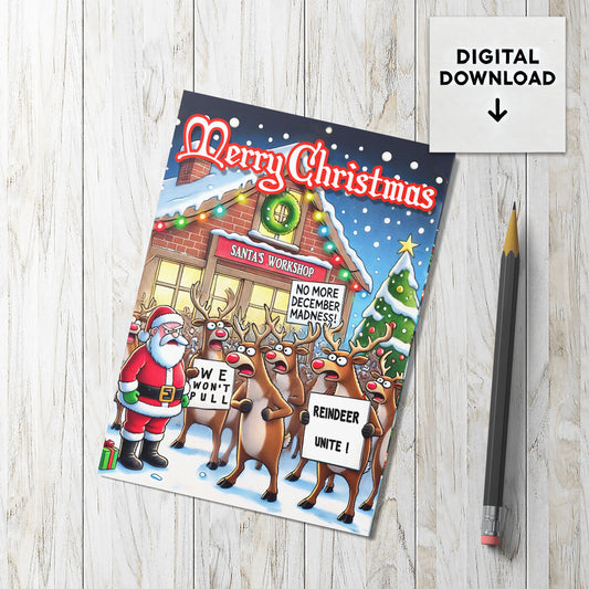 Reindeer Strike Christmas Card - PDF Download | Foldable 5x7 and A6 Sizes | Printable DIY Holiday Greeting