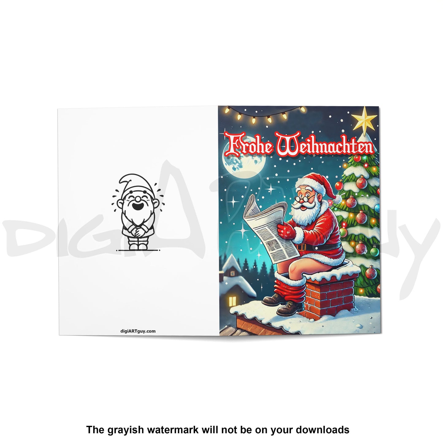 Santa Taking a Break on a Chimney - Multilingual DIY Holiday Cards - 5x7" & A6 Folded - Printable Christmas Card PDF