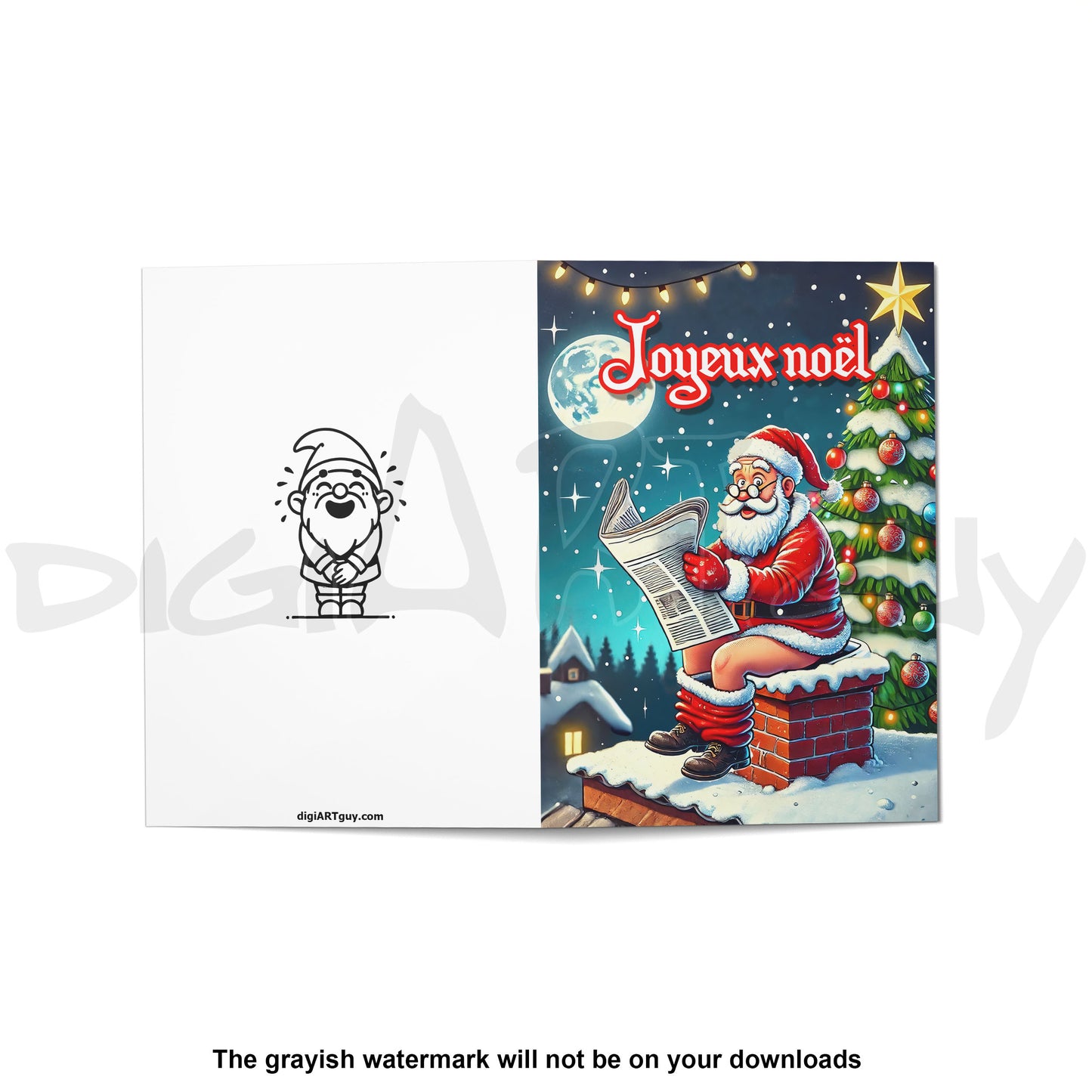 Santa Taking a Break on a Chimney - Multilingual DIY Holiday Cards - 5x7" & A6 Folded - Printable Christmas Card PDF