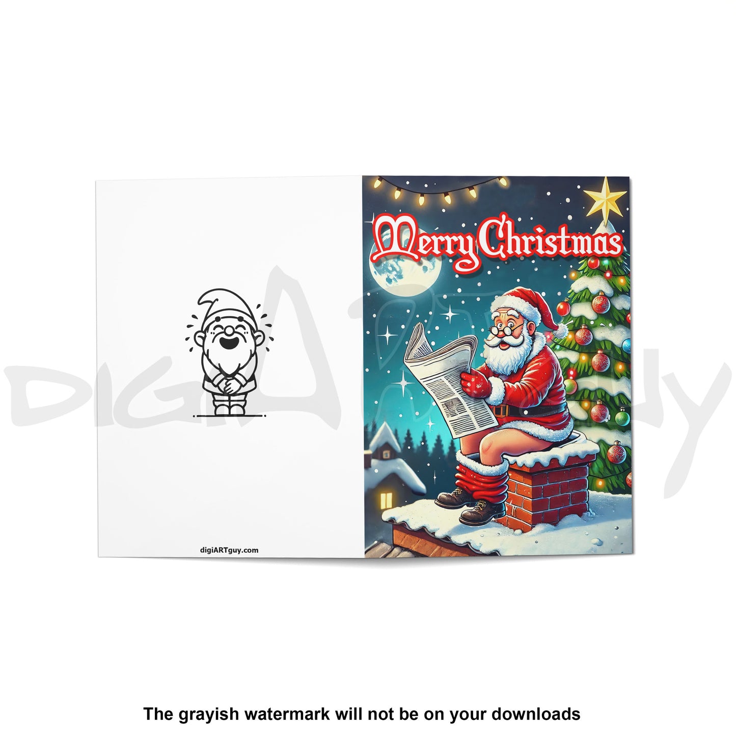 Santa Taking a Break on a Chimney - Multilingual DIY Holiday Cards - 5x7" & A6 Folded - Printable Christmas Card PDF