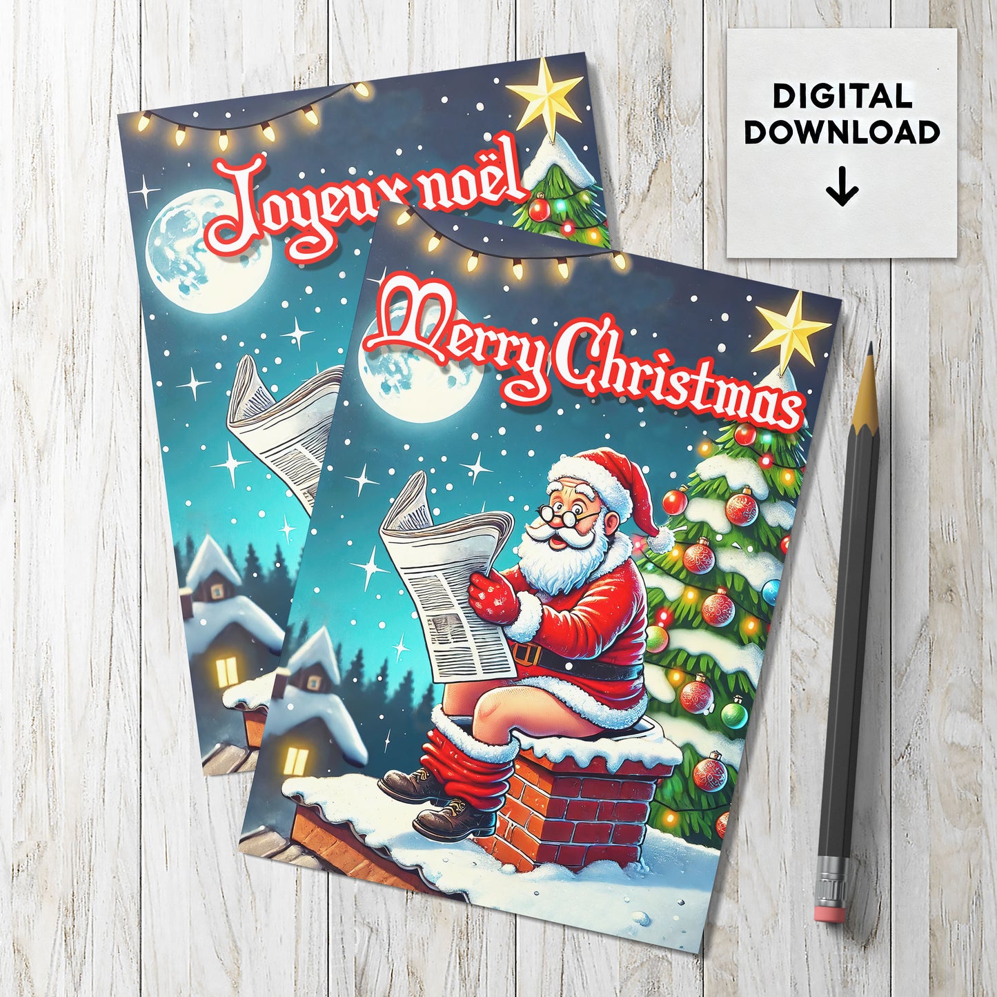 Santa Taking a Break on a Chimney - Multilingual DIY Holiday Cards - 5x7" & A6 Folded - Printable Christmas Card PDF