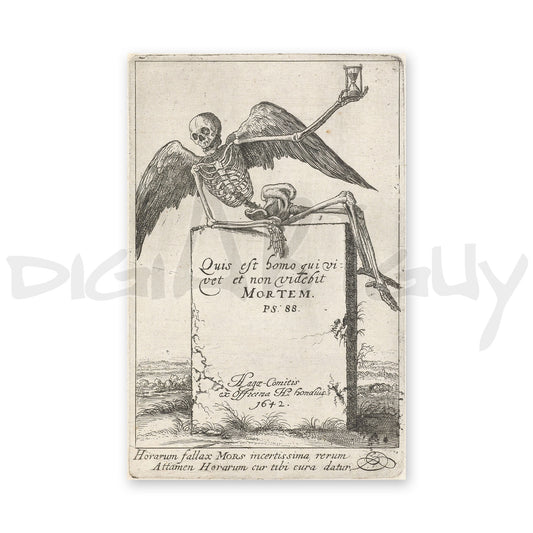 17th-Century Memento Mori Print - Winged Skeleton with Hourglass on a Gravestone by Hendrick Hondius (1642)