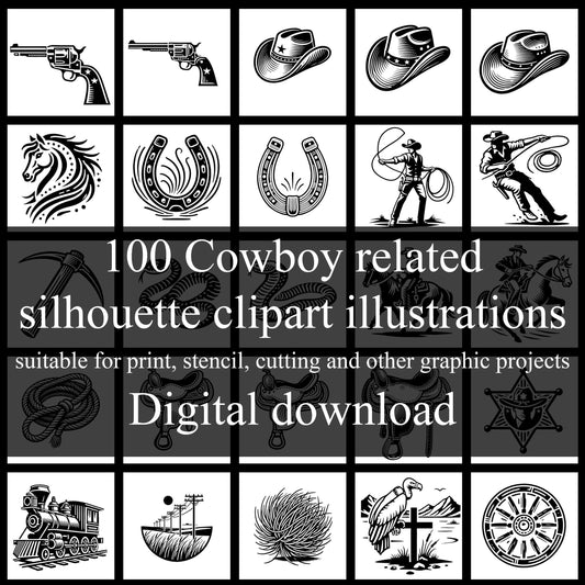 Saddle Up with these 100 silhouette Cowboy Western Theme Illustrations: Perfect for Clipart, Print, Cutting and other Graphic Design Projects