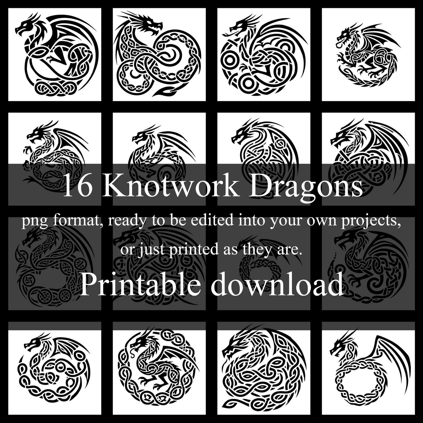 16 Knotwork Dragons, in a semi Celtic-Nordic Medieval style