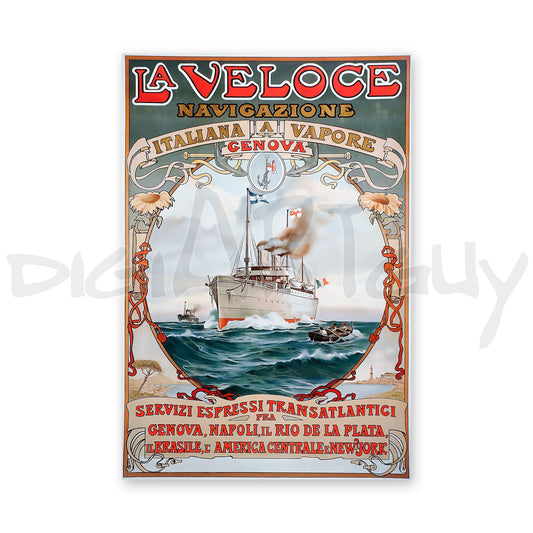 La Veloce Vintage Maritime Poster – 1889 Art Nouveau, Genoa to New York Steamship Journey